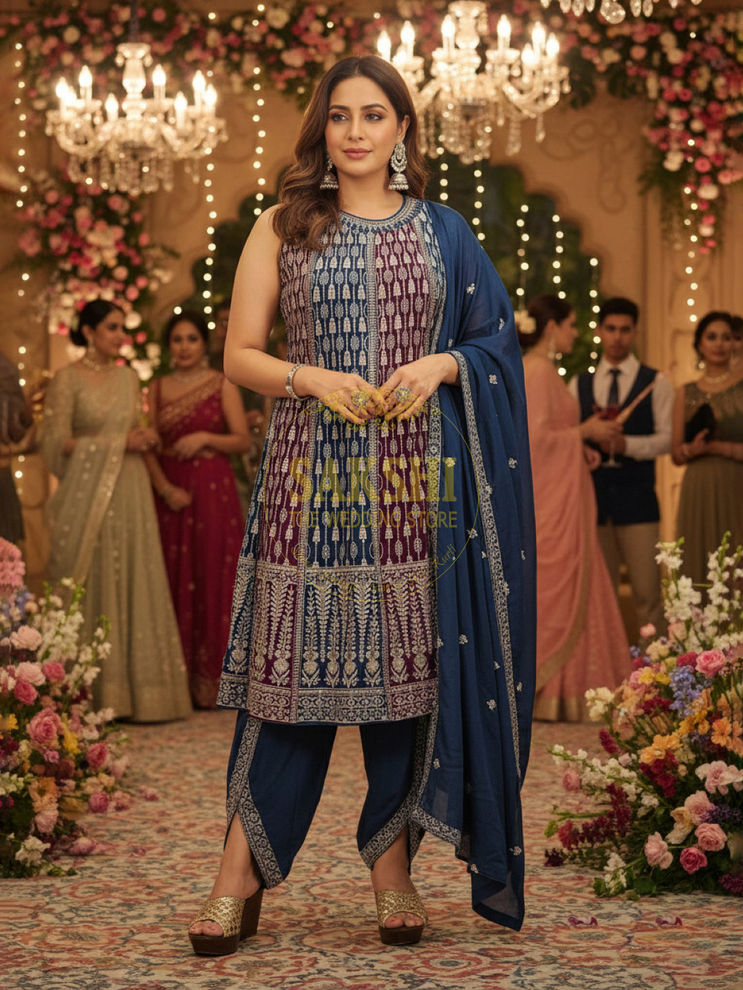 Navy Blue and Wine Pakistani Anarkali Suit with Tulip Pants