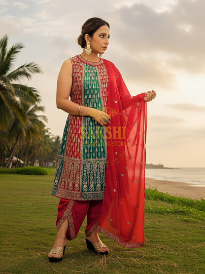 Red and Rama Green Pakistani Anarkali Suit with Tulip Pants