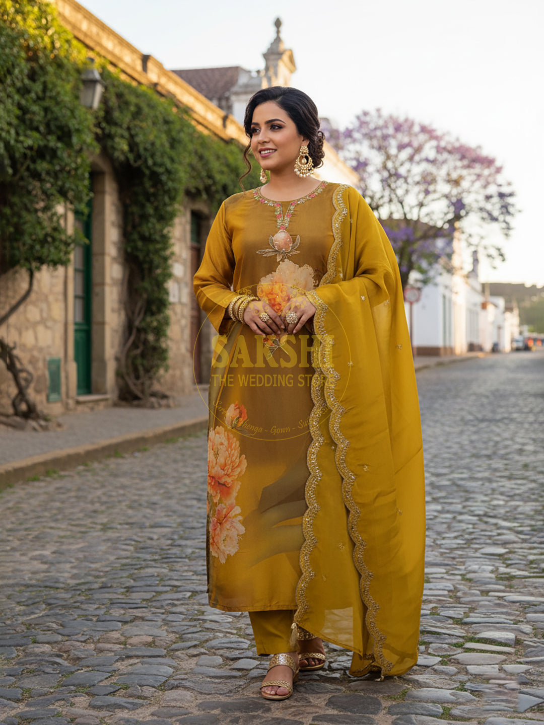 Shimmer Floral Mustard Yellow Straight Suit