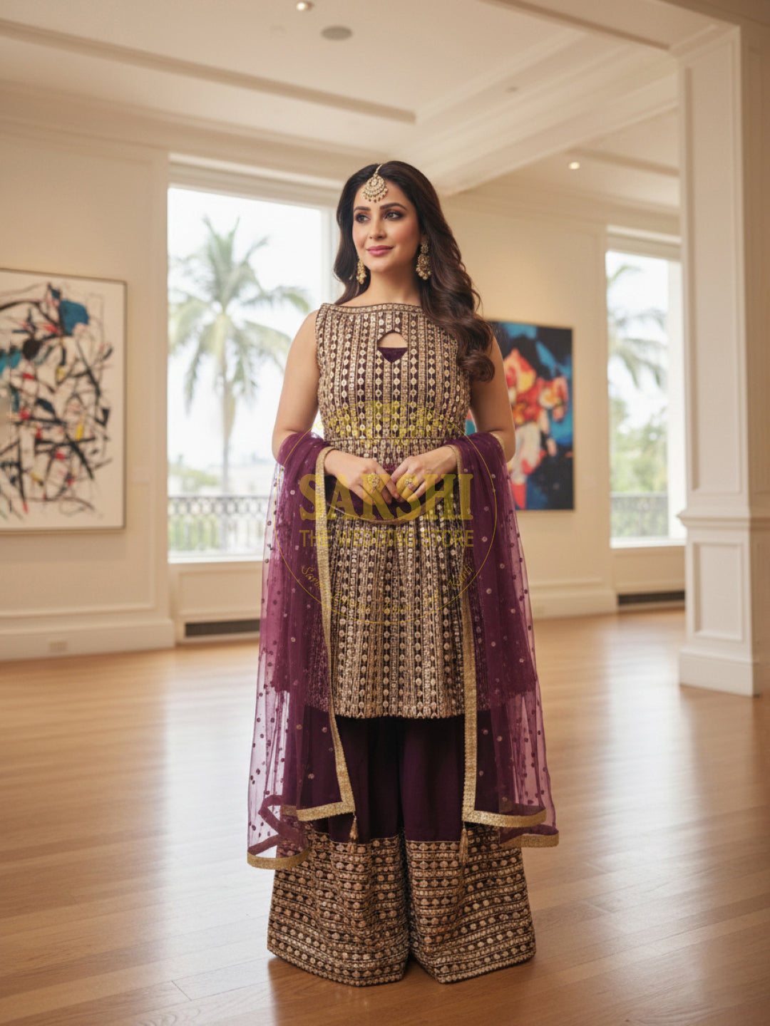 Wine Indo-Western Palazzo Dress