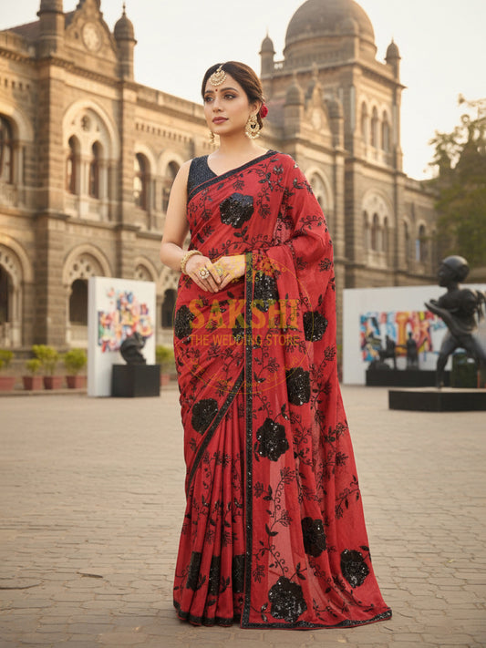 Maroon Crepe Saree with Hand  Embroidery
