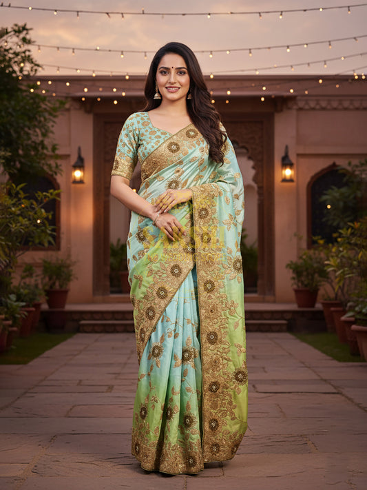 Pista Green Ombre Crepe Silk Handwork Saree