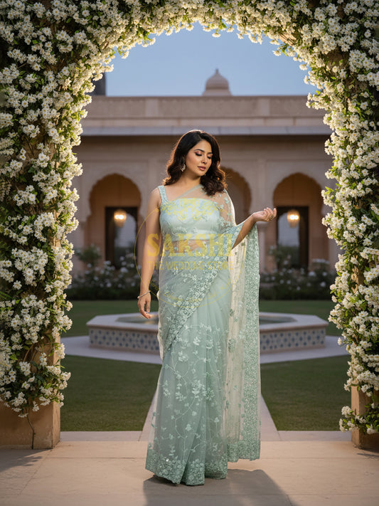 Alia Bhatt Met Gala look inspired Sea Green Handwork Net Saree