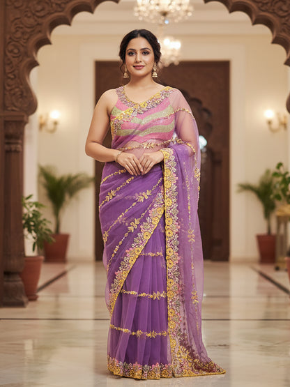 Lavender Purple Net Saree with Papa Dont Preach Inspired Embroidery