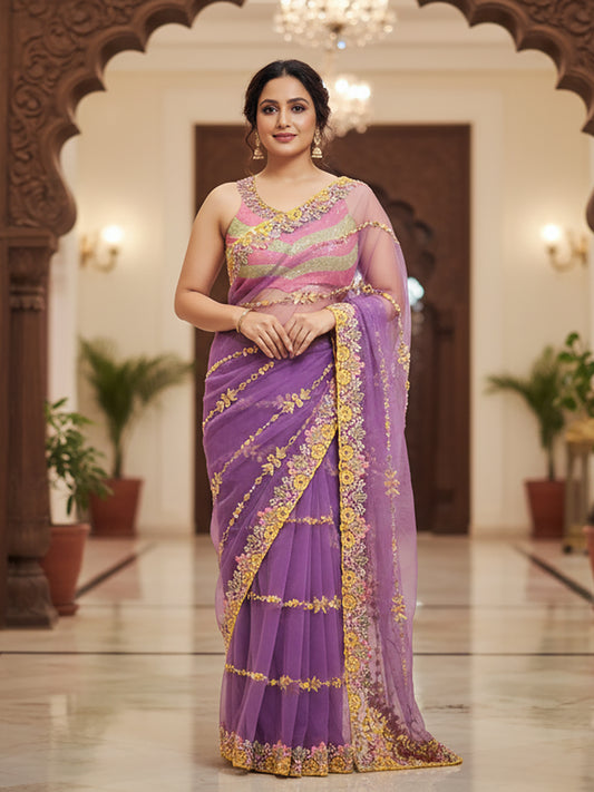 Lavender Purple Net Saree with Papa Dont Preach Inspired Embroidery