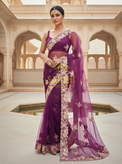 Alia Bhatt Met Gala look inspired Purple Handwork Net Saree