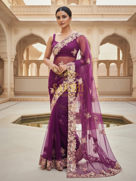 Alia Bhatt Met Gala look inspired Purple Handwork Net Saree