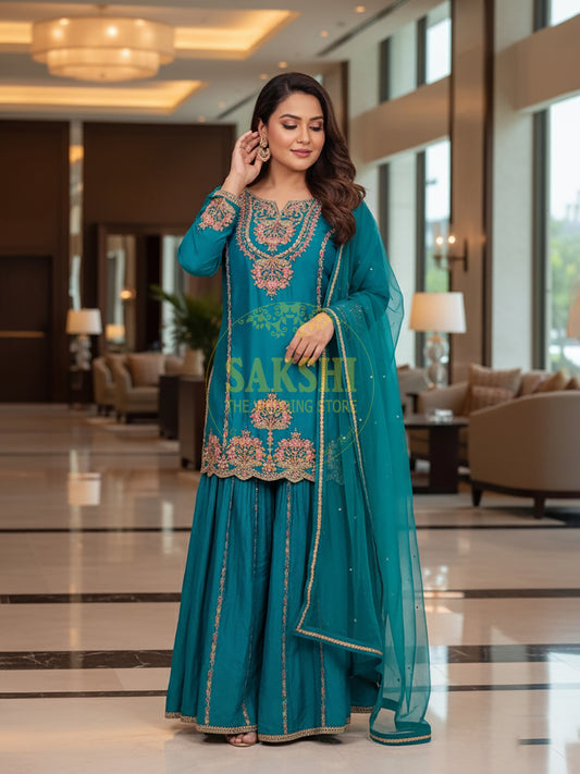 Blue Sharara Suit with Multicolor Embroidery