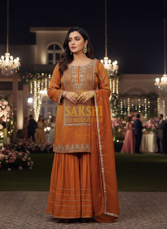 Rust Orange Sharara Suit with Beads Embroidery