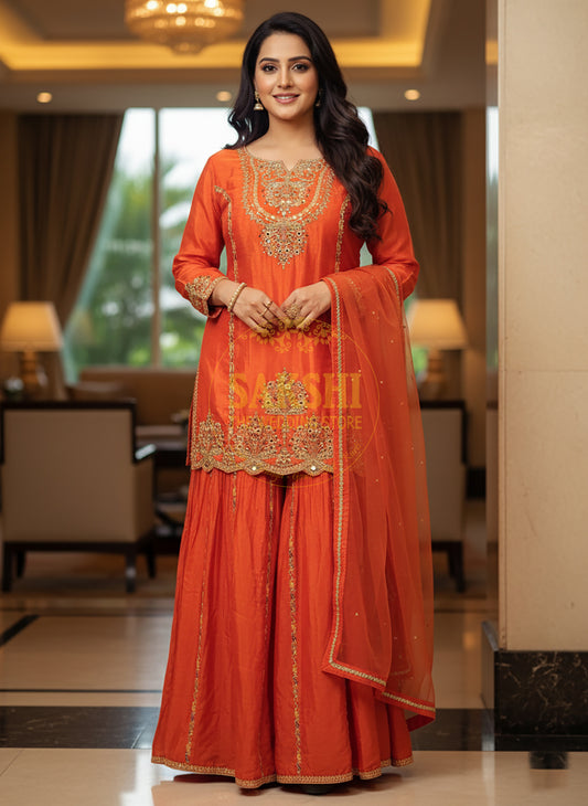 Rust Orange Sharara Dress with Multicolor Embroidery