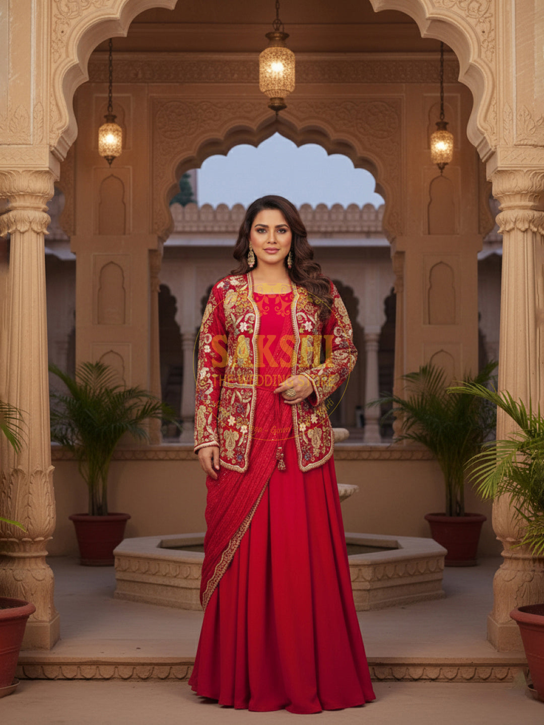 Red  Georgette Gown with Saree Drape and Designer Shrug