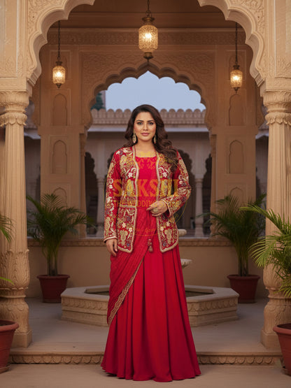 Red  Georgette Gown with Saree Drape and Designer Shrug