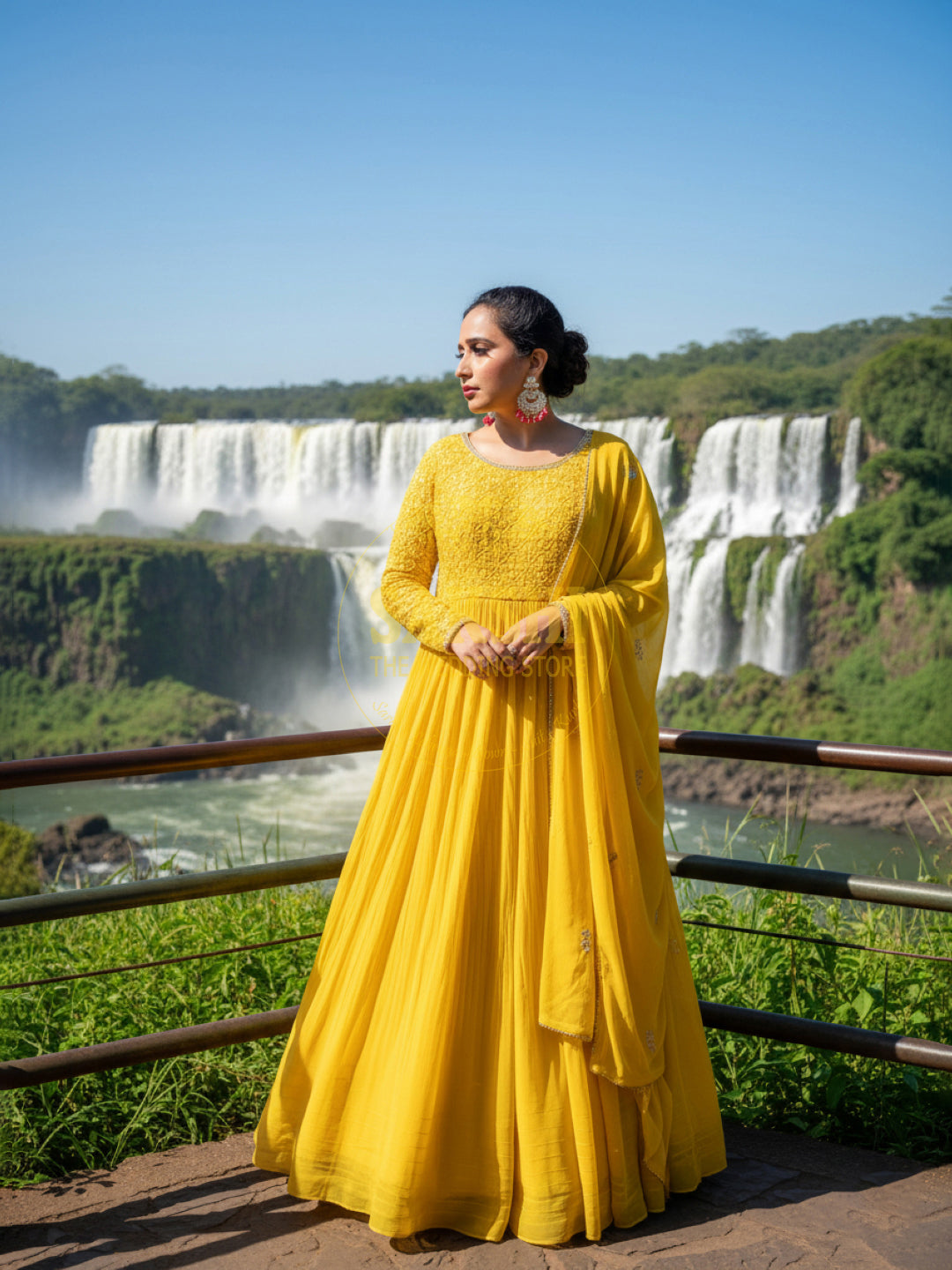 Elegant Yellow Chinnon Anarkali Suit with Chikan work Choli