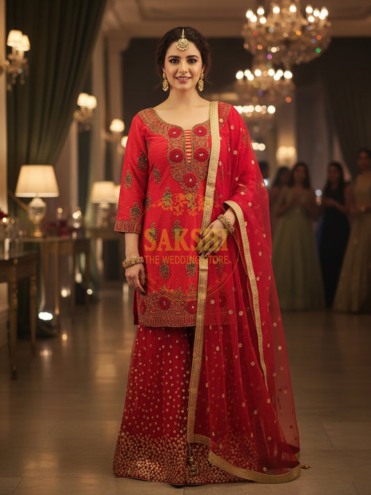 Red Bridal Kameez Gharara Suit Set