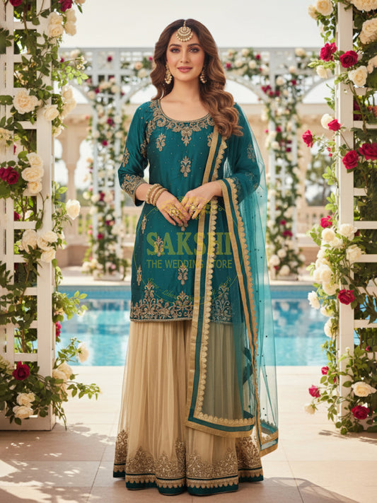 Rama Green Majesty: Silk Kameez & Golden Net Gharara Set