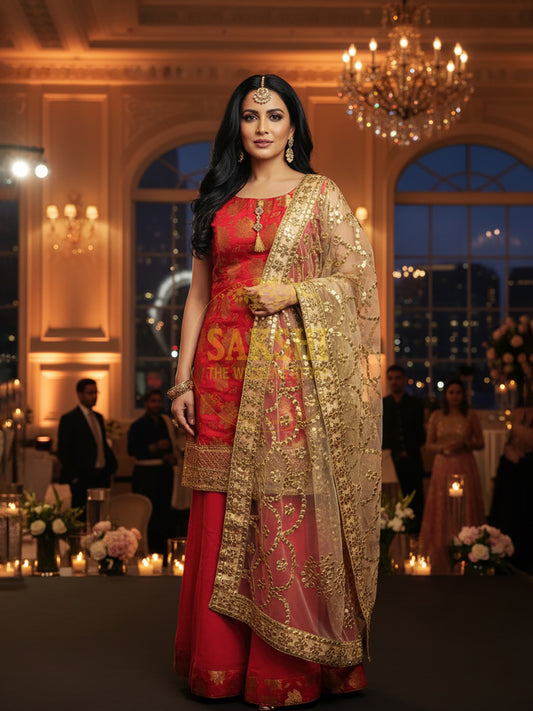 Red Banarsi Party Wear Gharara Kameez Suit Set