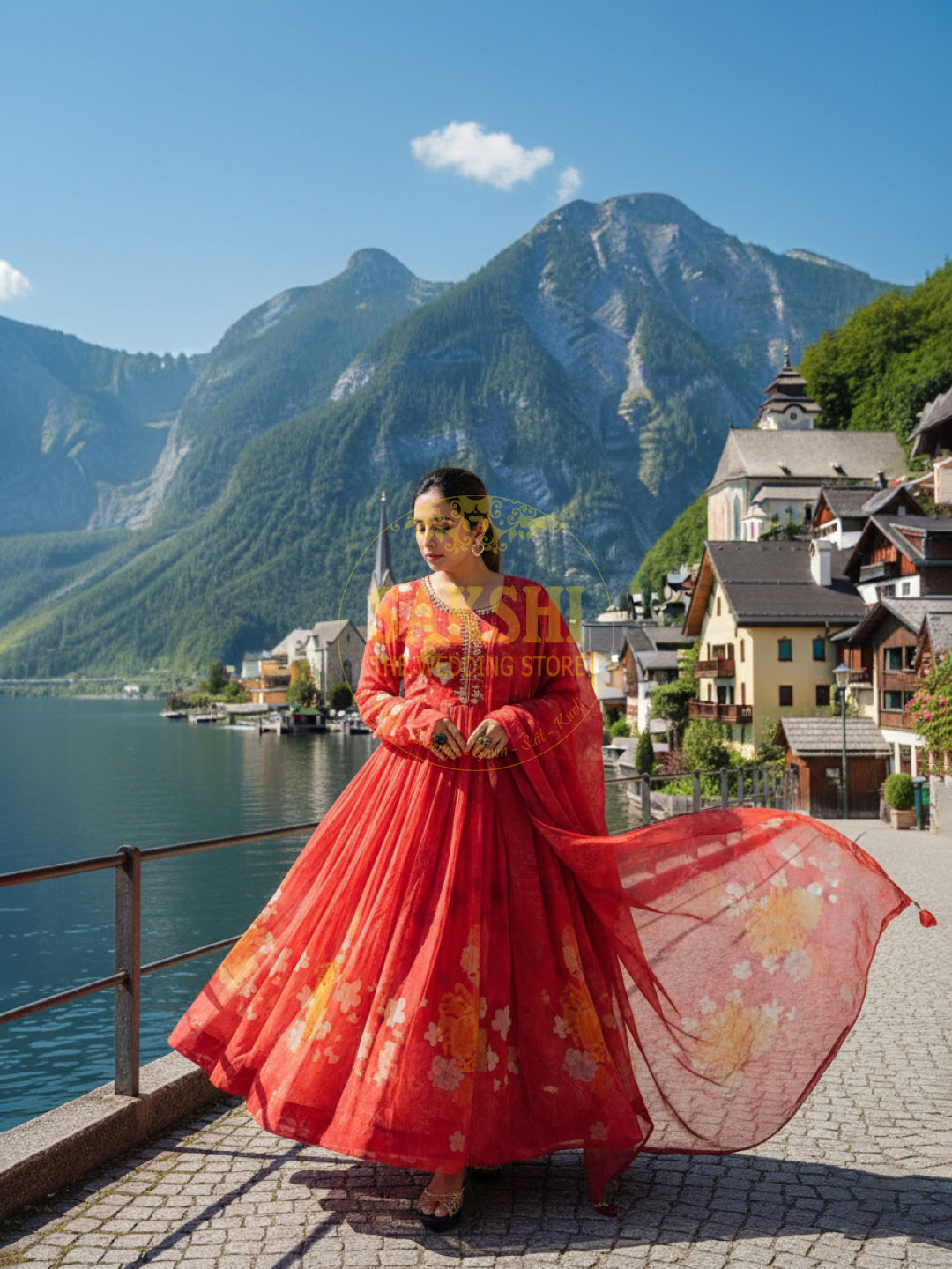 Red Chinnon Digital Print Anarkali Suit