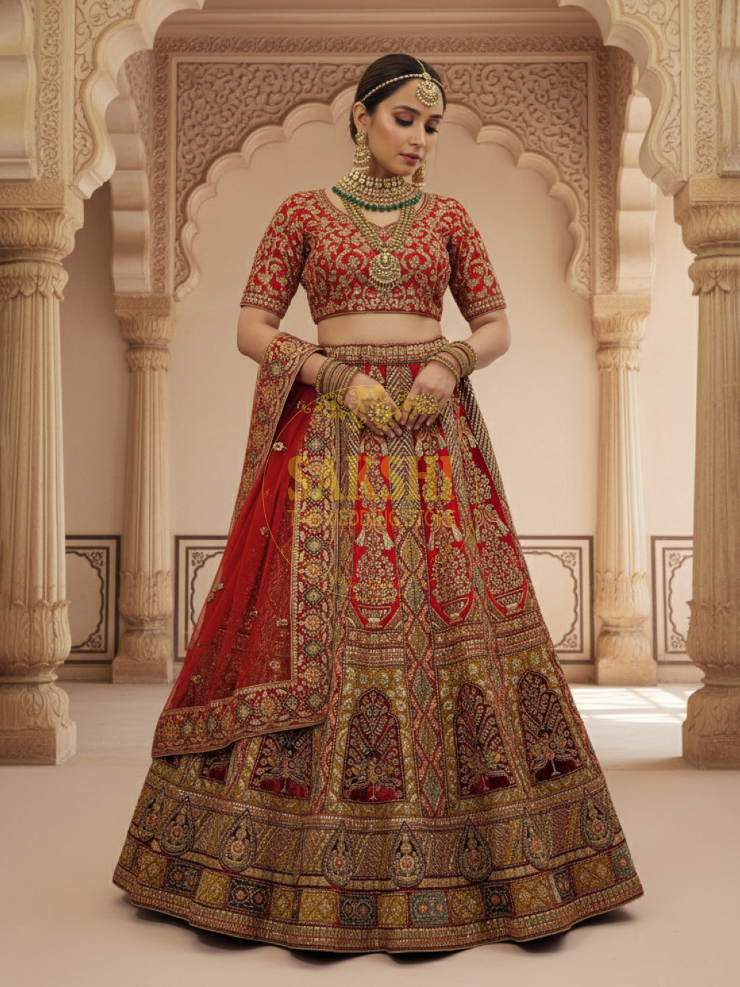 Bridal Red Lehenga adorned with intricate multicolor embroidery
