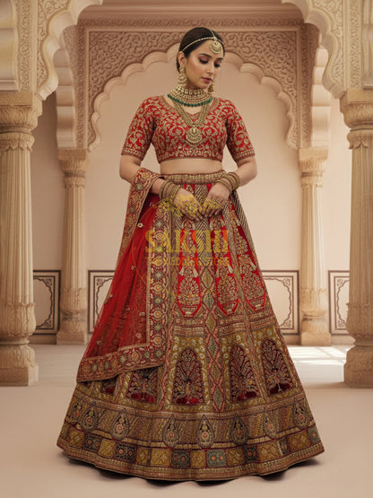 Bridal Red Lehenga adorned with intricate multicolor embroidery