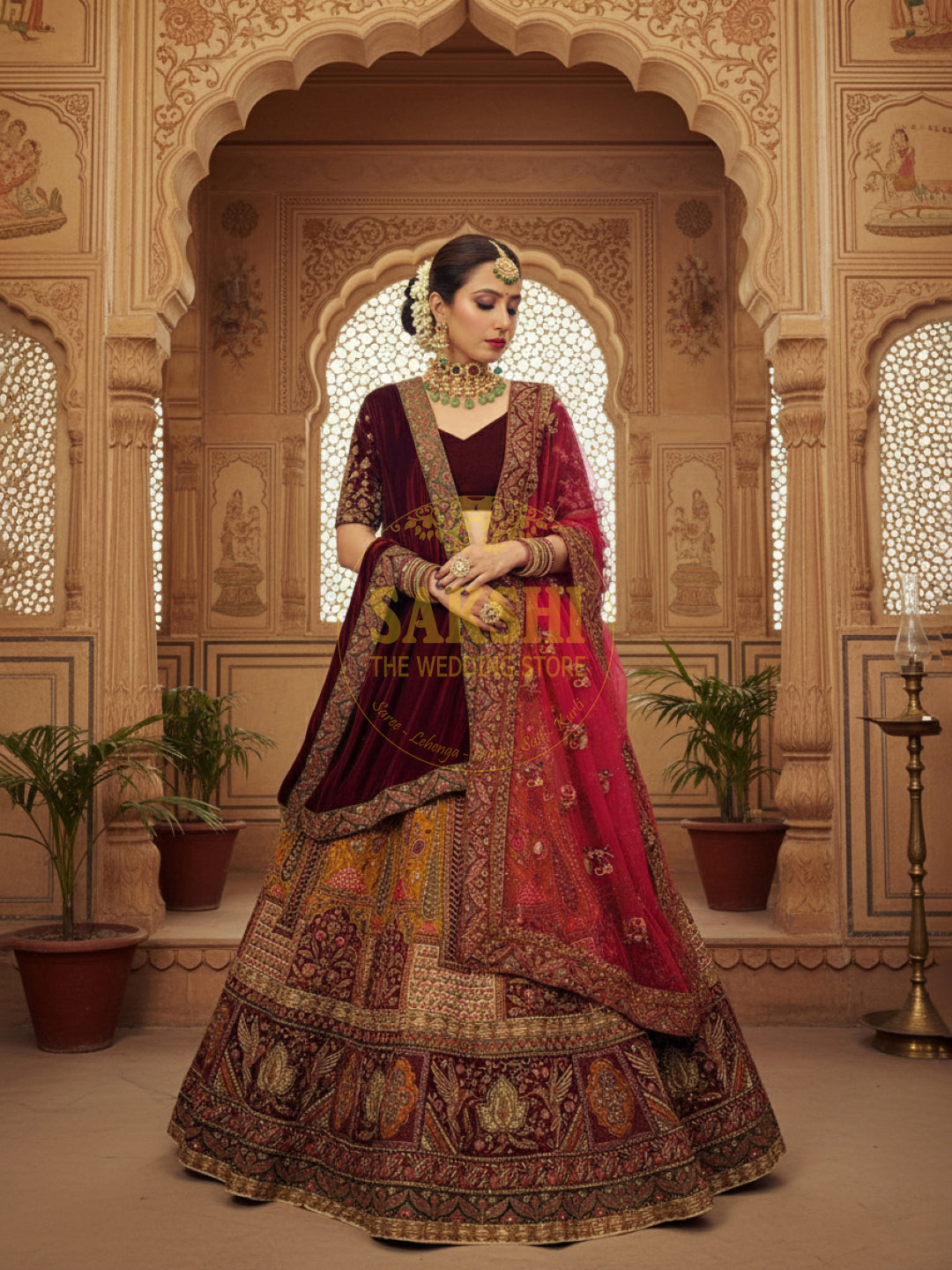 Maroon and Mustard Multicolored Bridal Lehenga Set