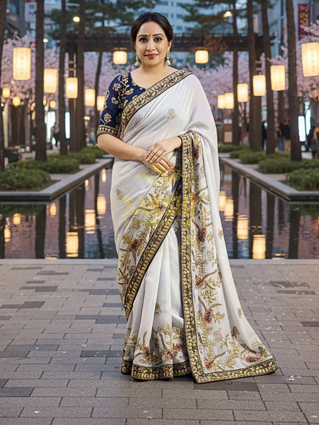 Grey Crepe Saree with Blue Border
