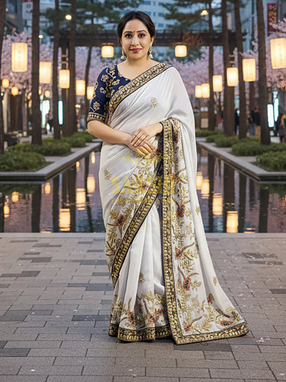 Grey Crepe Saree with Blue Border
