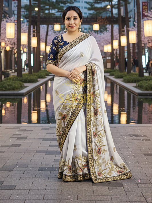 Grey Crepe Saree with Blue Border