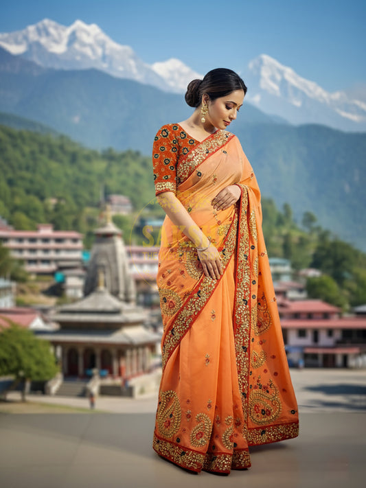Peach Shaded Crepe Saree with Gota Patti Work