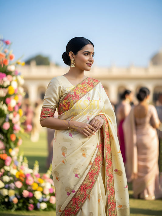 Off White Creme Dola Banarsi Saree with Heavy Border