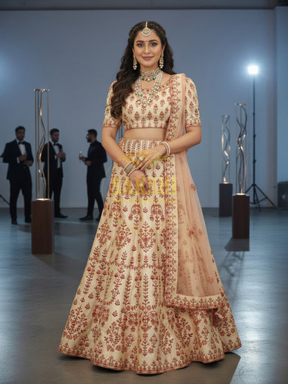 Cream Silk Unstitched Lehenga