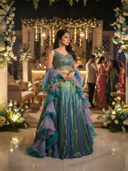 Teal Blue Shaded Indo-Western Lehenga Choli
