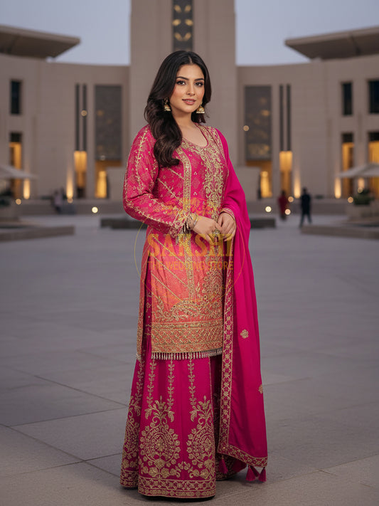Pink Orange Shaded Sharara Set