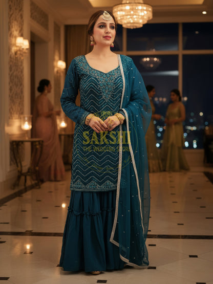 Prussian Blue Fancy Ethnic Sharara Set