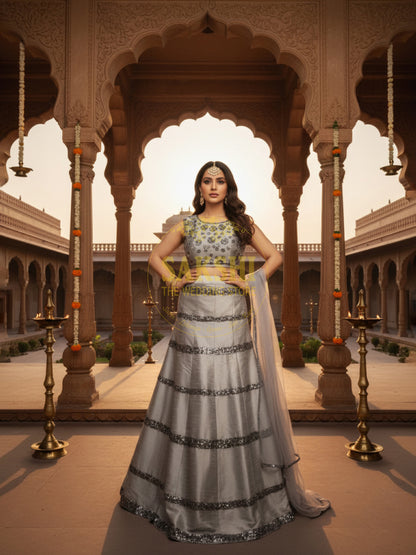 Stylish Silver Grey Party Wear Lehenga