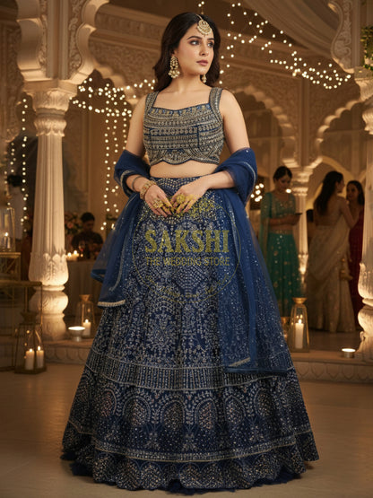 Blue Net Mirror Work Lehenga Choli Set