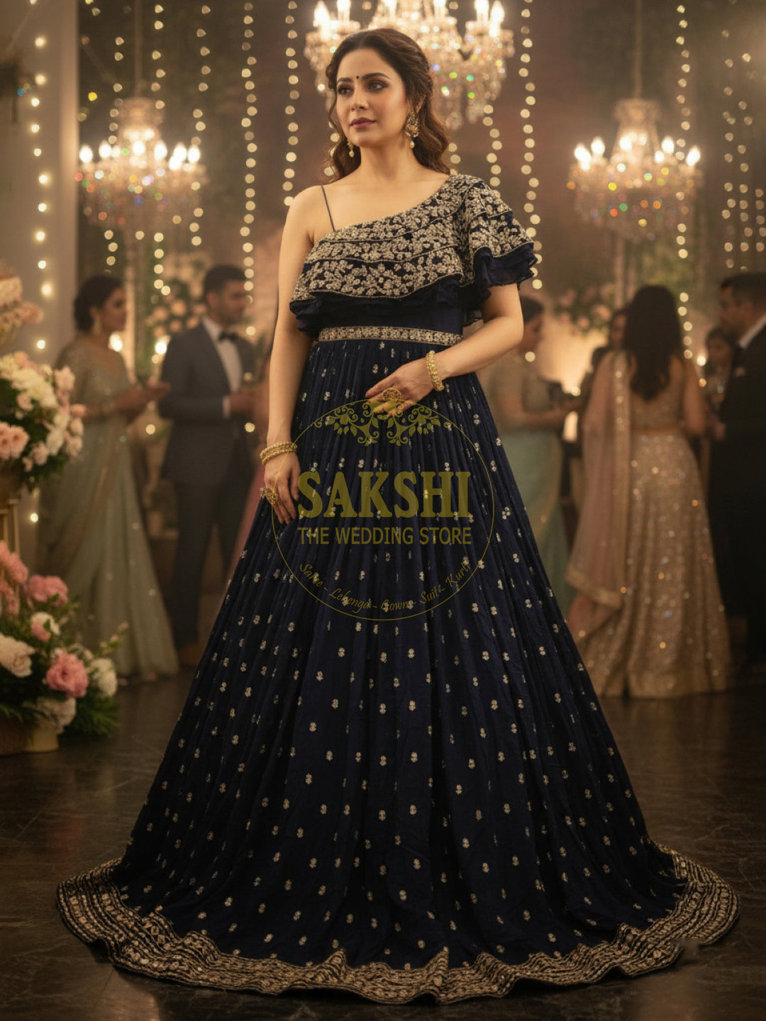 Navy Blue Majesty: One-Shoulder Georgette Gown with Sculpted Details