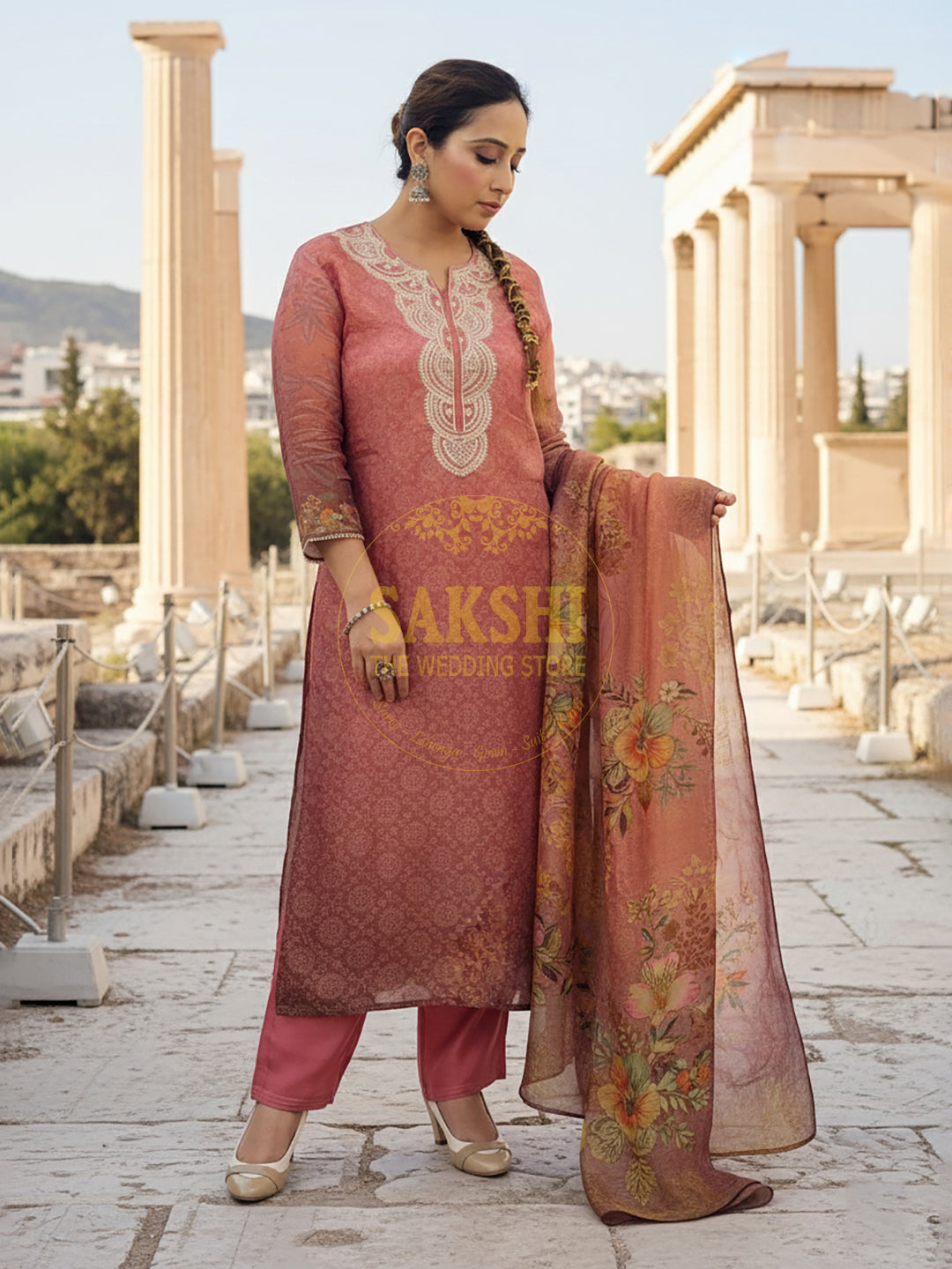 Peach Digital Print Tissue Straight Suit Set