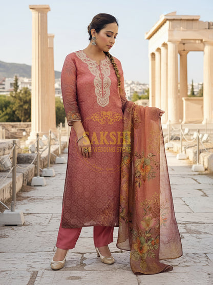 Peach Digital Print Tissue Straight Suit Set