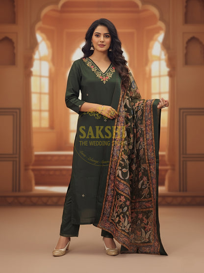 Muslin Green Suit with Designer Brasso Dupatta