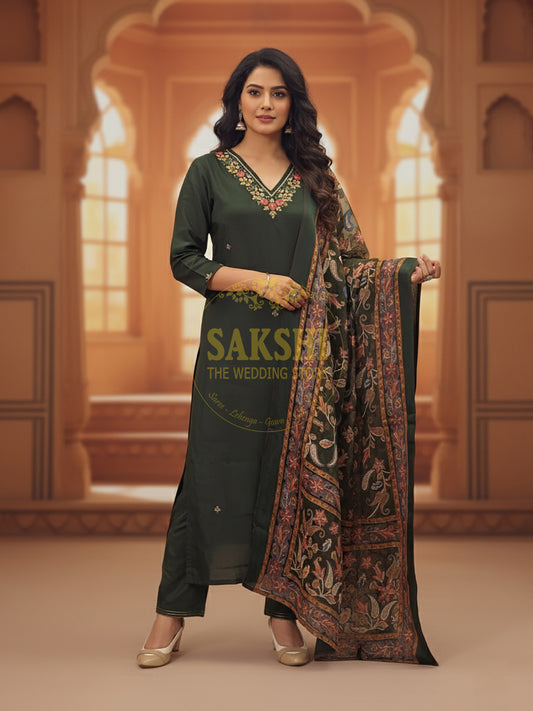 Muslin Green Suit with Designer Brasso Dupatta