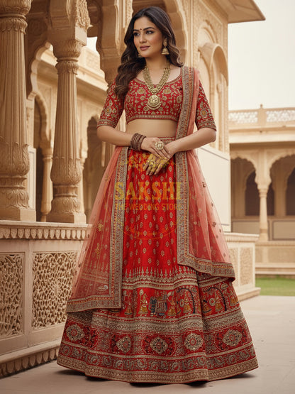 Red Bridal Silk Lehenga wit Multicolored Embroidery