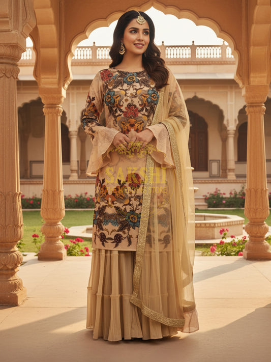 Beige Digital Print Georgette Kameez Sharara Set