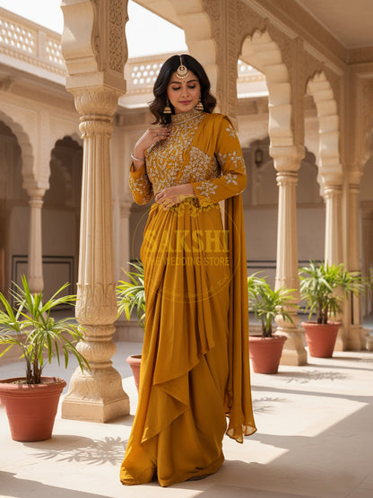 Yellow Armani Ready to Wear Saree with Stitched Blouse
