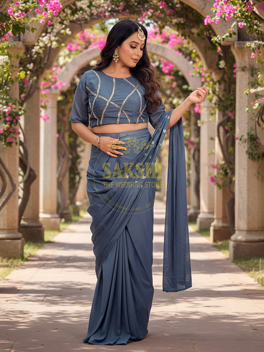 Grey Armani Ready to Wear Saree with Stitched Blouse.