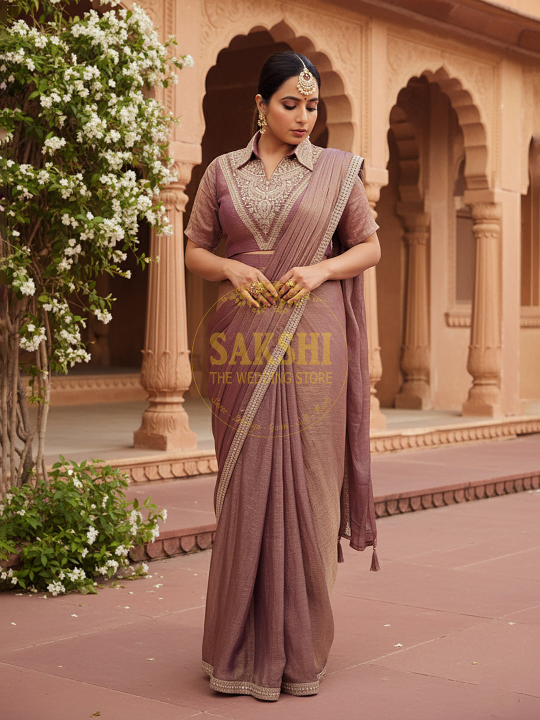 Lavender Gold Crush Ready to Wear Saree with Stitched Blouse.