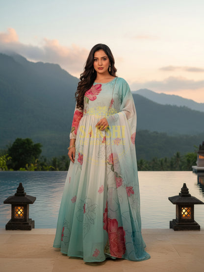 Sea Green Organza Digital Print Anarkali Suit