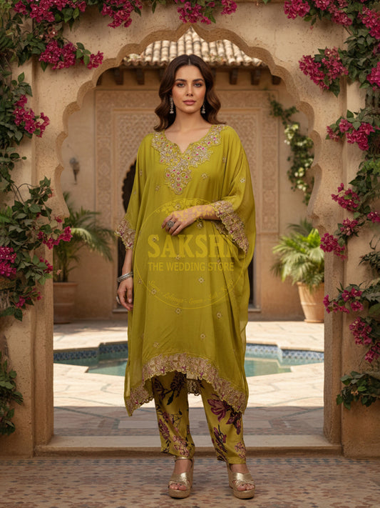 Green Georgette Kaftan with Pants