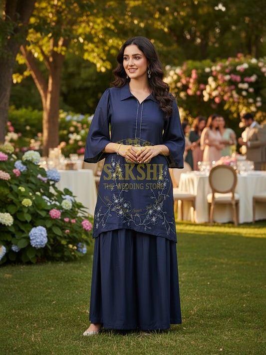 Blue Collared Kameez with Palazzo Coord Set