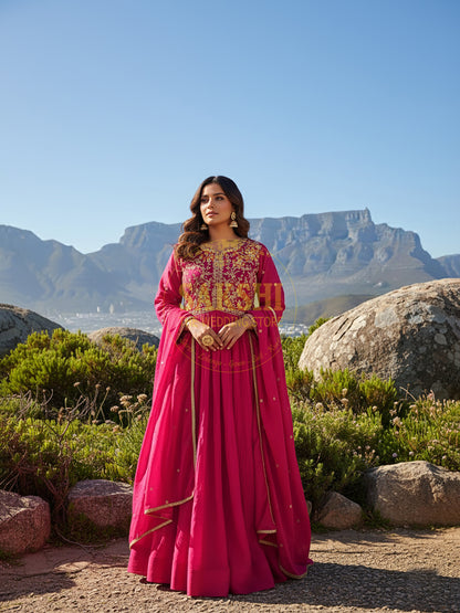 Rani Pink Full Sleeve Chinnon Anarkali Suit