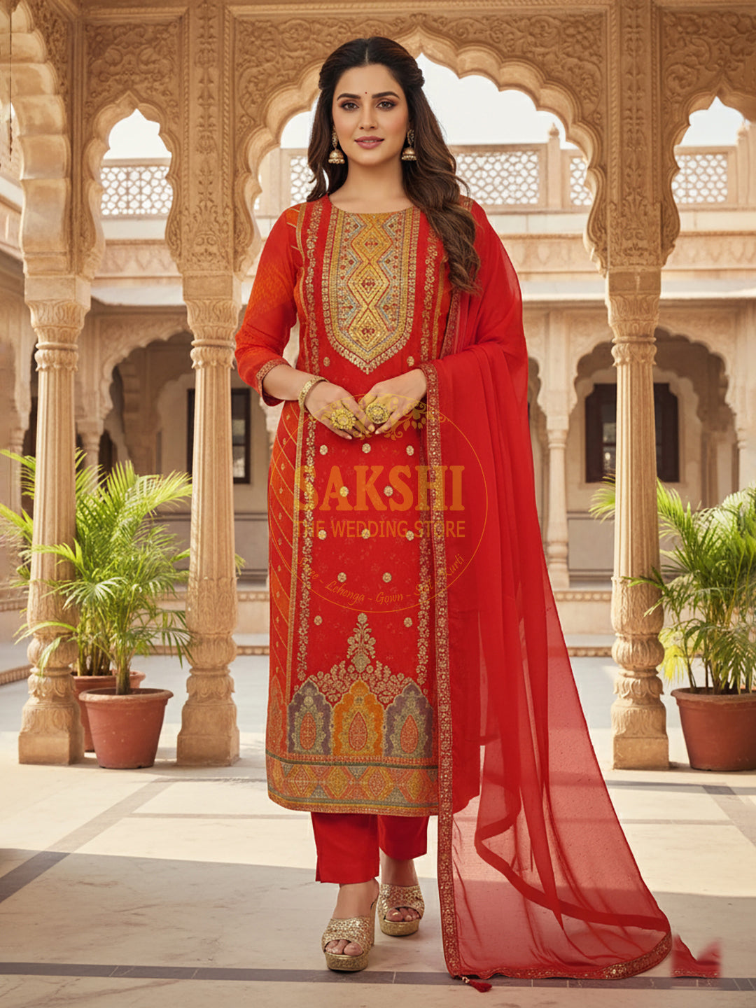Red and Orange Woven Suit Pant Dupatta Set